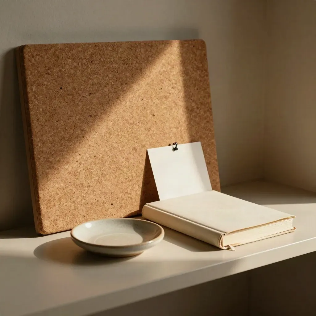 Goal-check-in nook with cork pinboard, ivory journal, ceramic dish and turned card.