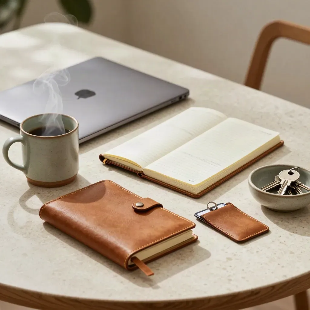 Morning habit setup on a breakfast table with laptop, mug, journal, card holder and keys.
