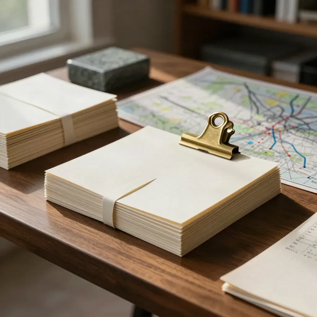 Overhead desk corner with stacked index cards, brass clip, folded card, and stone paperweight