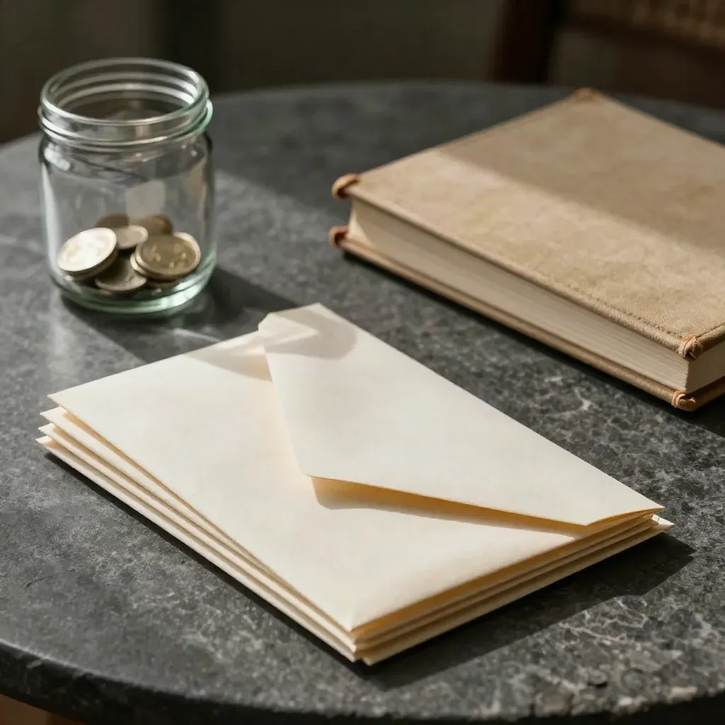 Cream envelopes, tabs, jar, and closed workbook on dark stone with hard afternoon shadows.