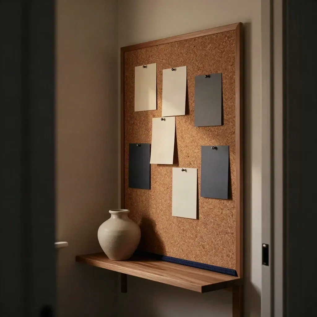 High doorway view of a cork goal board, clipped cards, and ceramic vessel in a dim nook.