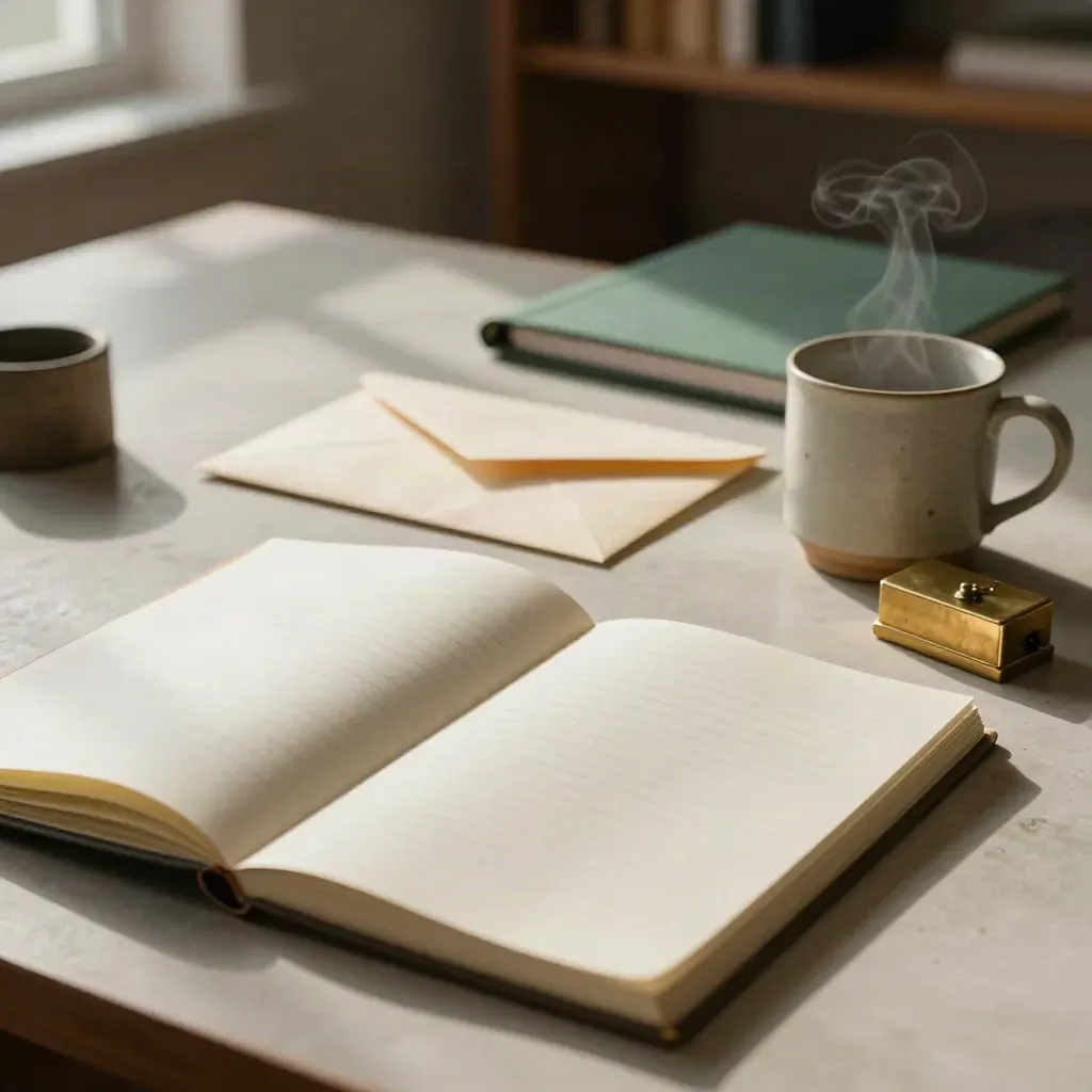 Weekly money review on a plaster desk with notebook, envelopes, mug, and brass paperweight.