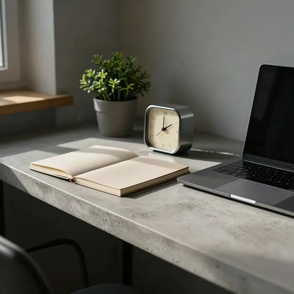 Diagonal desk scene with laptop, notebook, timer and small plant in cool morning light.
