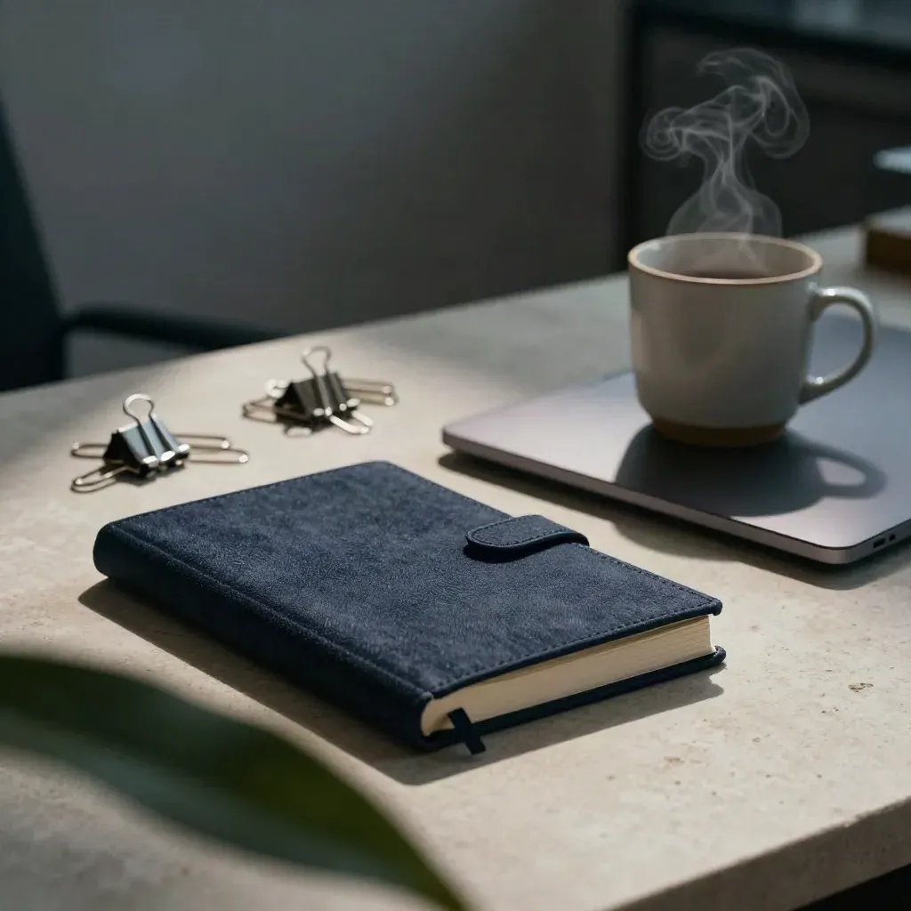 Floor-level finance desk scene with notebook, closed laptop, mug, clips and a plant leaf in warm morning light