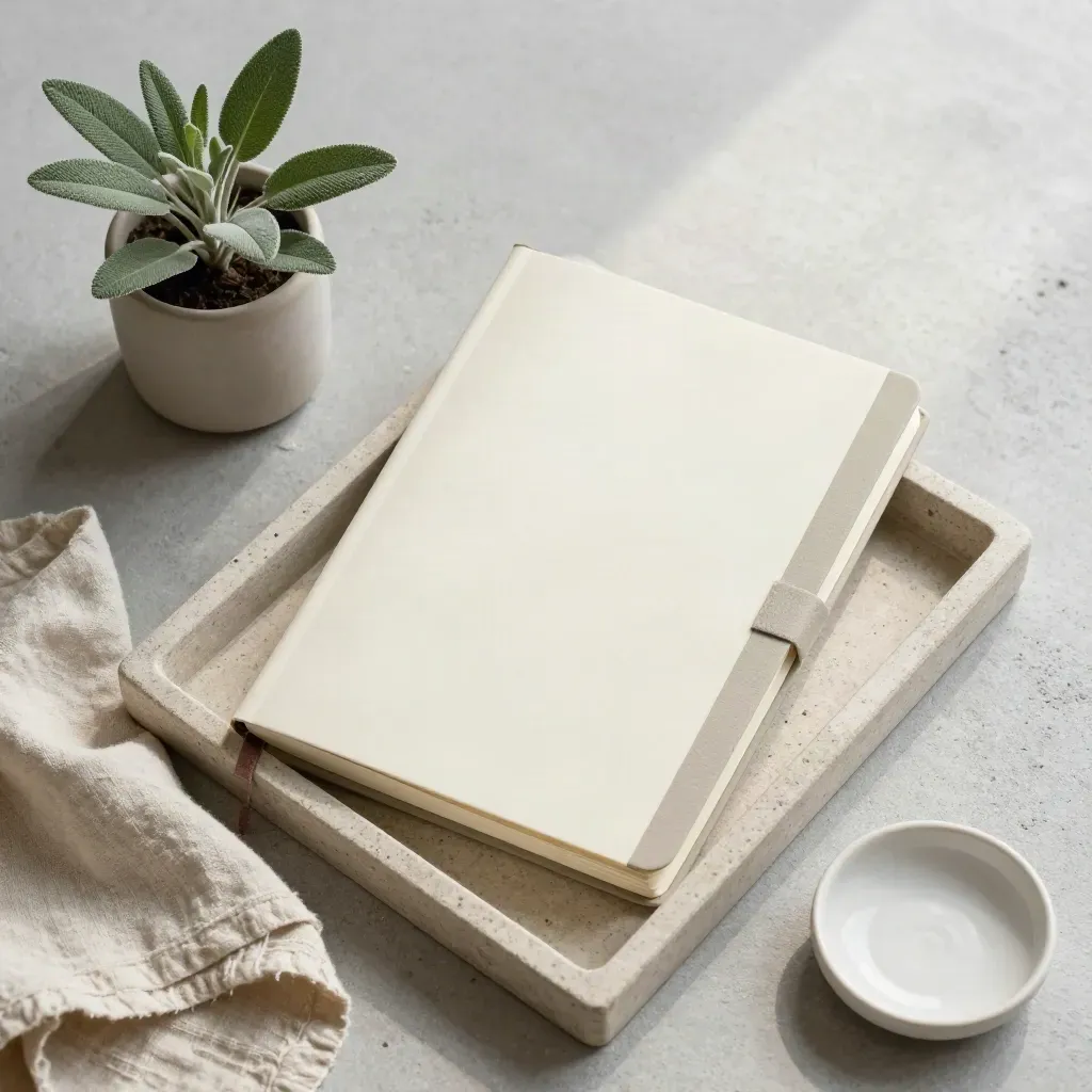 Cream habit journal in a stone tray with plant, cloth, and dish on concrete.