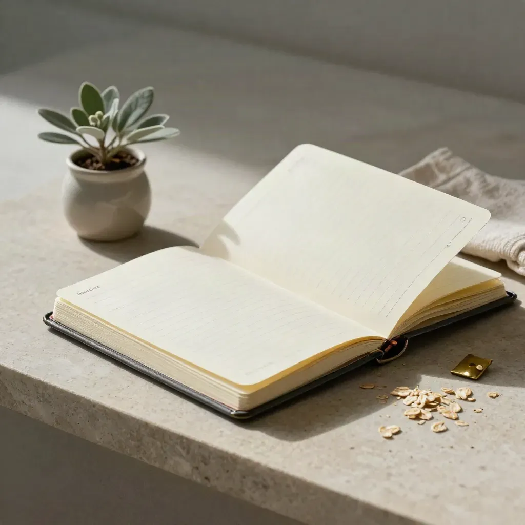 Open goal-setting journal with brass clip, tiny plant and folded cloth on pale stone.