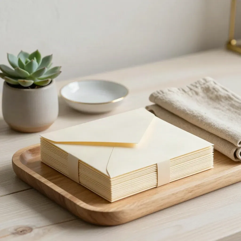 Envelope budget kit on pale wood with linen, plant, and ceramic dish in soft daylight.