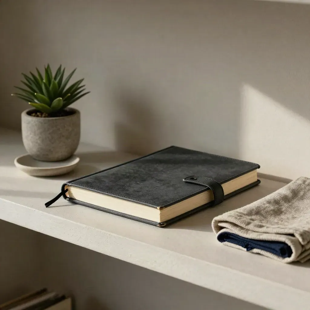 Overhead shelf still life with a ledger notebook, ceramic dish, small plant, and folded cloth.