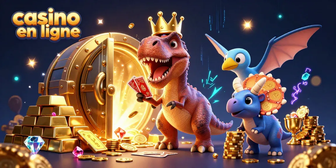 Illustration 3D animée représentant un T-Rex avec une couronne jouant aux cartes dans un casino en ligne.