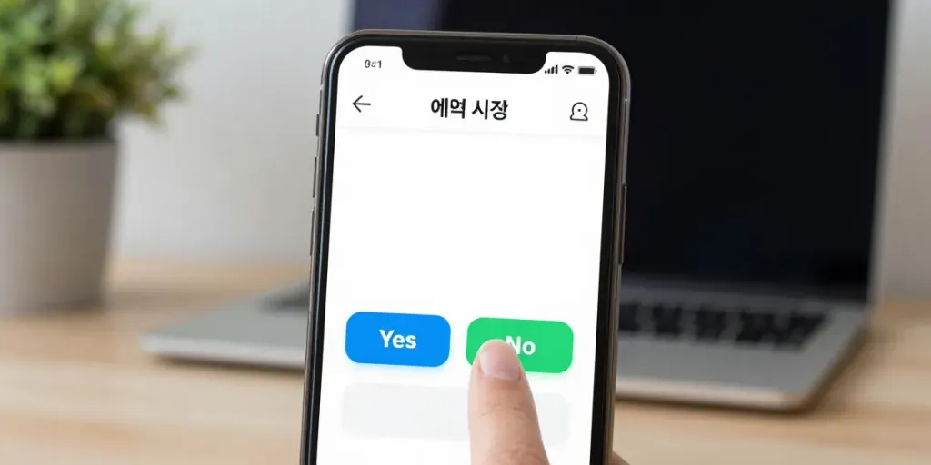 Close-up of a smartphone showcasing the 예측 시장 앱 interface in a cozy setting.