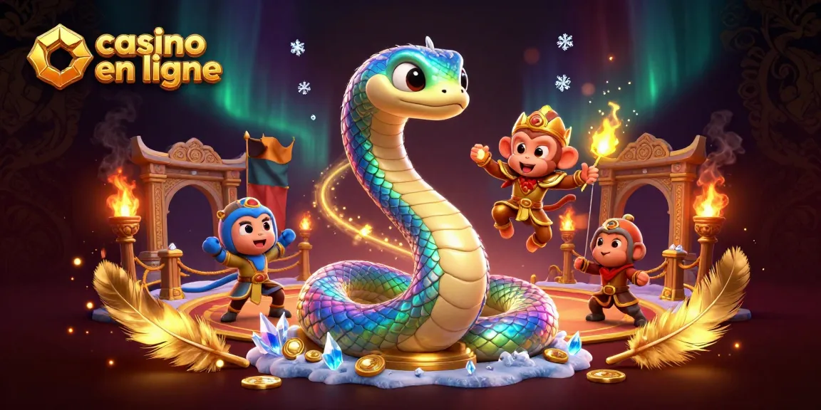 Casino en ligne avec ambiance dynamique et serpent coloré, jeux et lumières scintillantes.