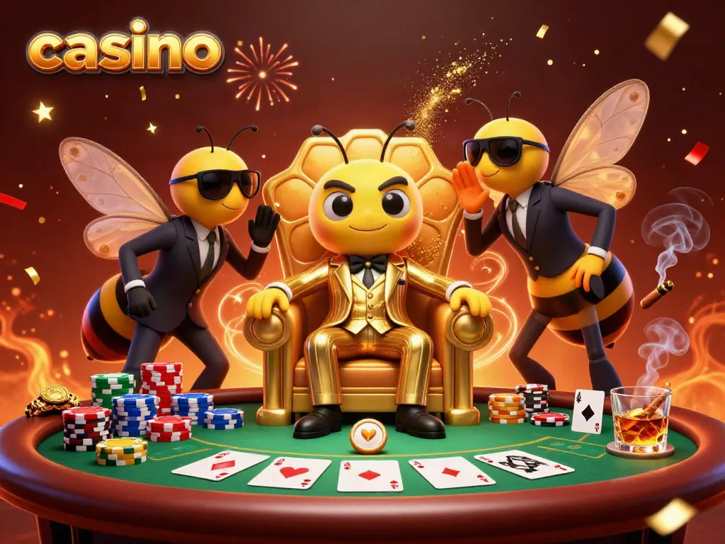 Experience exhilarating gaming at a vibrant casino featuring a cartoon bee mob boss and poker elements.