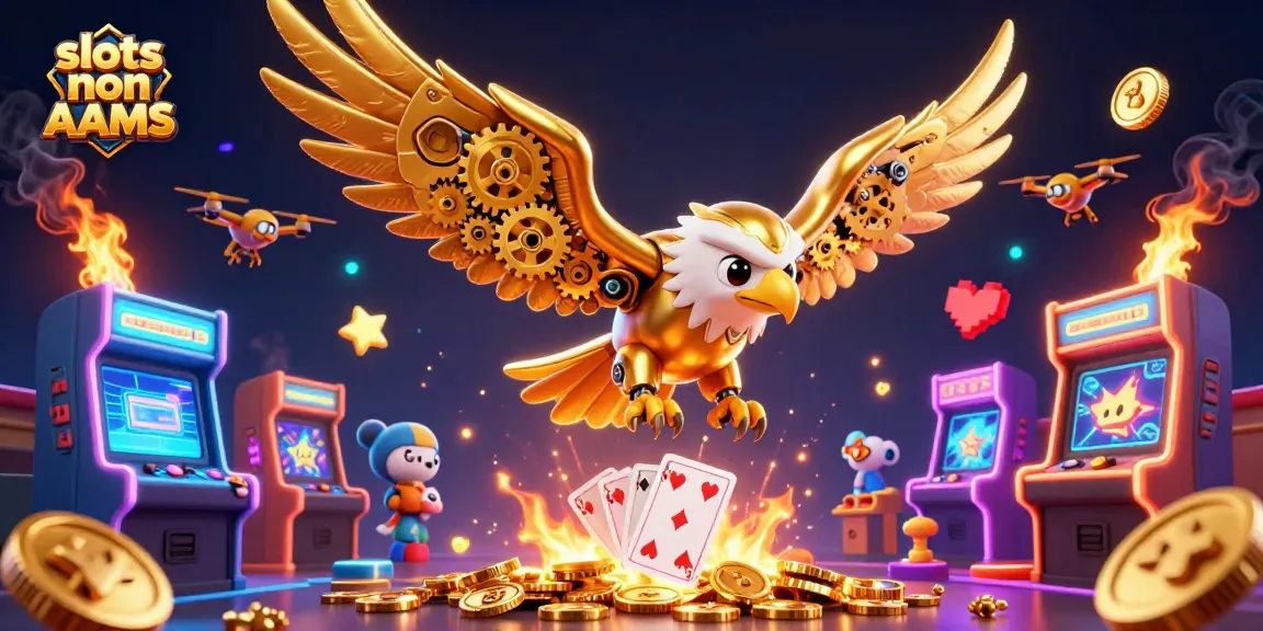 Giocatori di slot non AAMS in azione, circondati da simboli brillanti e giochi 3D vibranti.