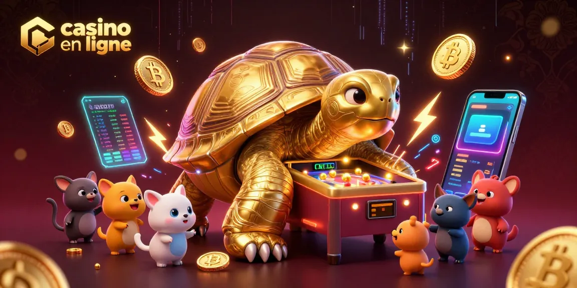 Jouez dans un casino en ligne amusant avec une tortue dorée jouant au flipper et des cryptomonnaies visibles.