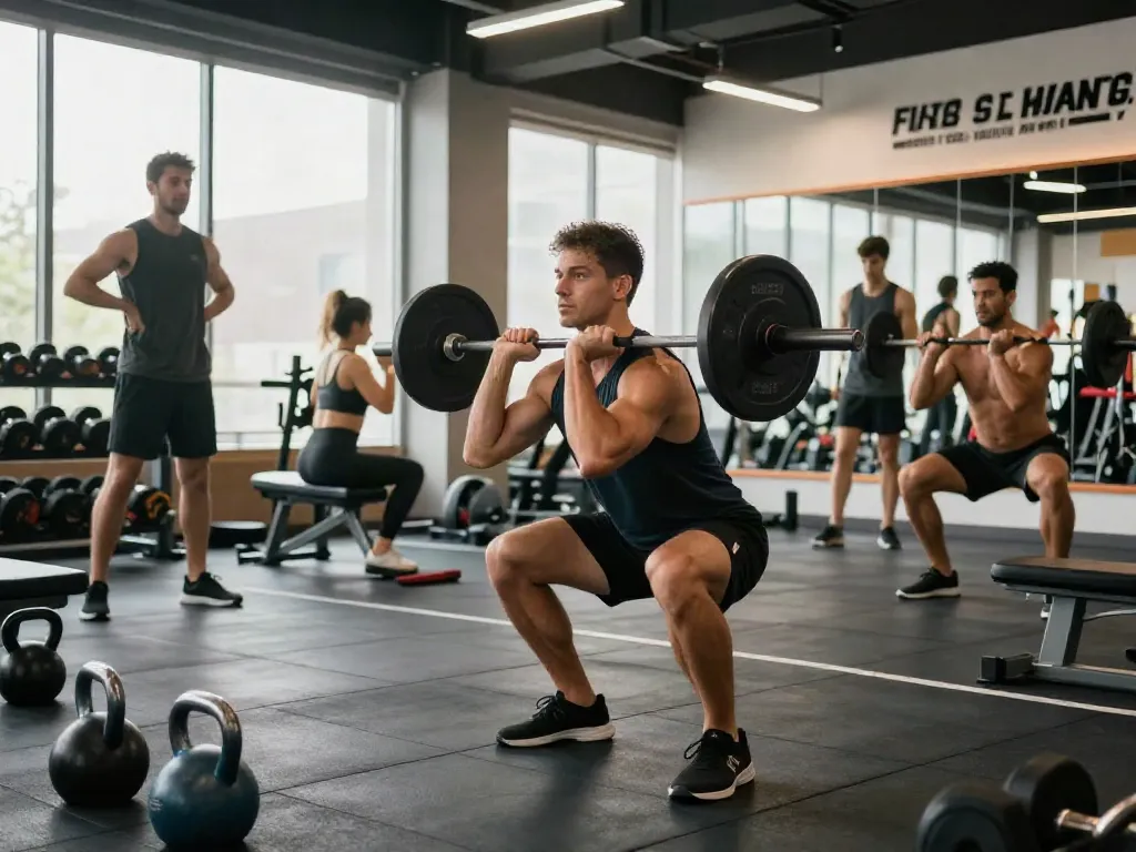 Trainer performing squats in a modern gym highlighting steroidi online benefits for fitness.