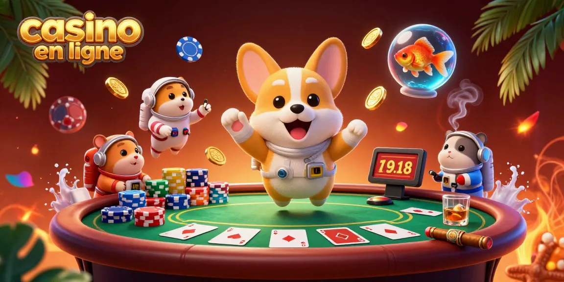 Jouer à un casino en ligne avec un corgi astronaute flottant dans un casino spatial, entouré de jetons et de cartes.