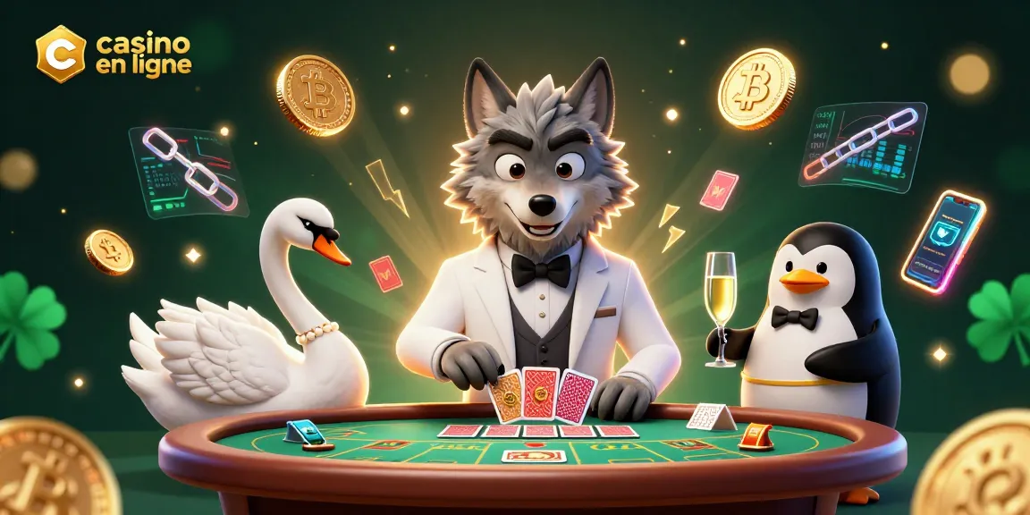 Jouez au casino en ligne avec notre illustration de jeu captivante mettant en scène un loup, un cygne et un pingouin.