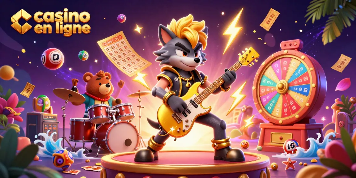 Illustration vibrante simulant une scène de casino en ligne avec un loup rock star et des éléments de jeu dynamiques
