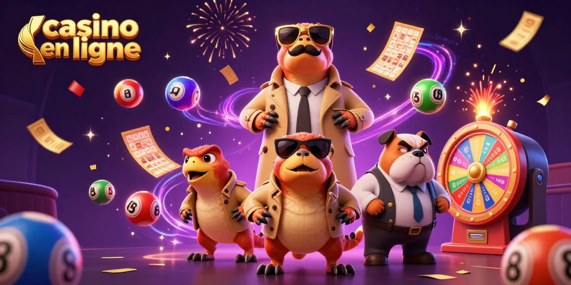 Jouez au casino en ligne avec trois raptors déguisés, entourés d'éléments de loterie colorés.