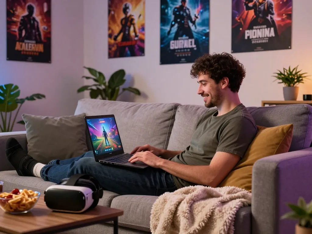 Gamer immersed in porno games on a laptop in a cozy living room setting.