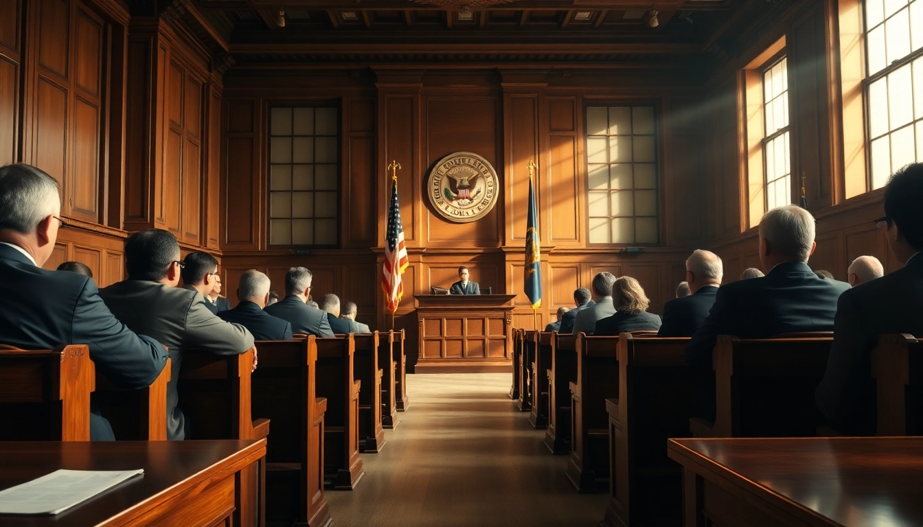 Depiction of courtroom proceedings related to OC Jail, showcasing judges and attorneys in action.