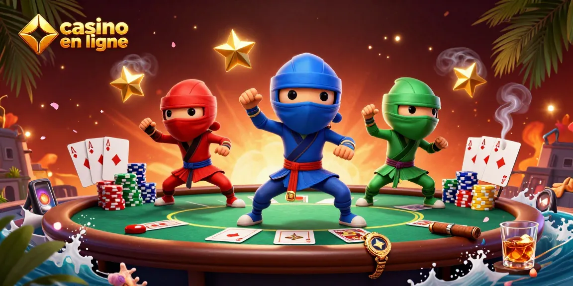 Jouez au casino en ligne avec les ninjas caméléons sur le toit, ambiance festive de poker.