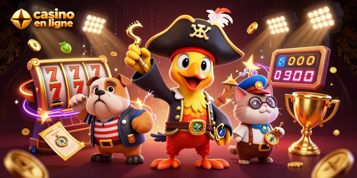 Venez jouer au casino en ligne avec nos personnages animés entourés de machines à sous et de pièces d'or.