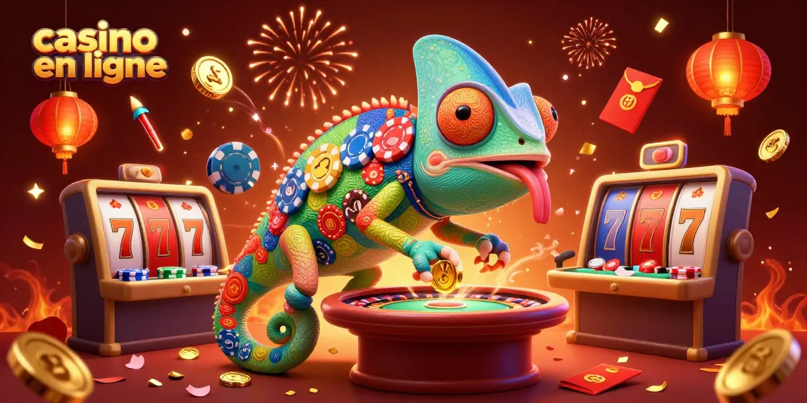 Illustration dynamique sur le casino en ligne, avec un caméléon propriétaire et des éléments de jeu en or.