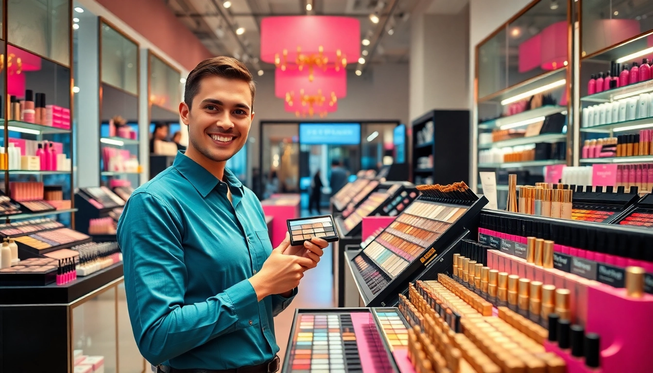 Engaging wholesale makeup suppliers providing a diverse array of cosmetics in a vibrant showroom.