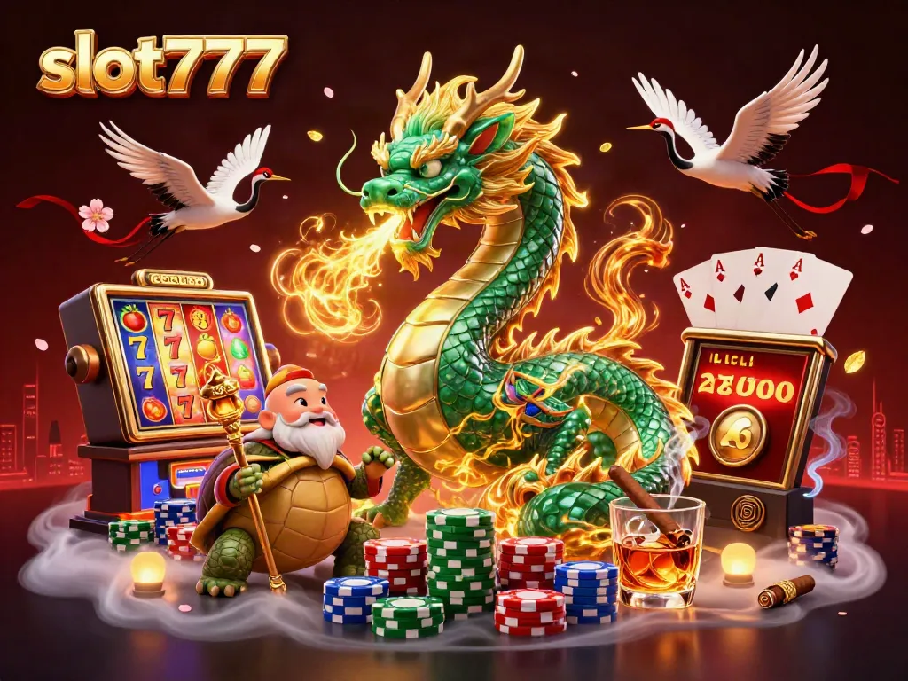 Permainan slot777 di tengah karakter naga berapi dan kura-kura bijak, dikelilingi simbol-simbol yang menarik.