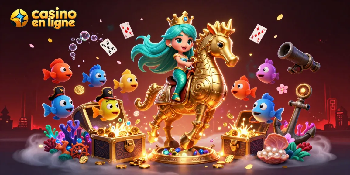 Illustration captivante pour casino en ligne avec une sirène, un hippocampe doré et des poissons pirates.