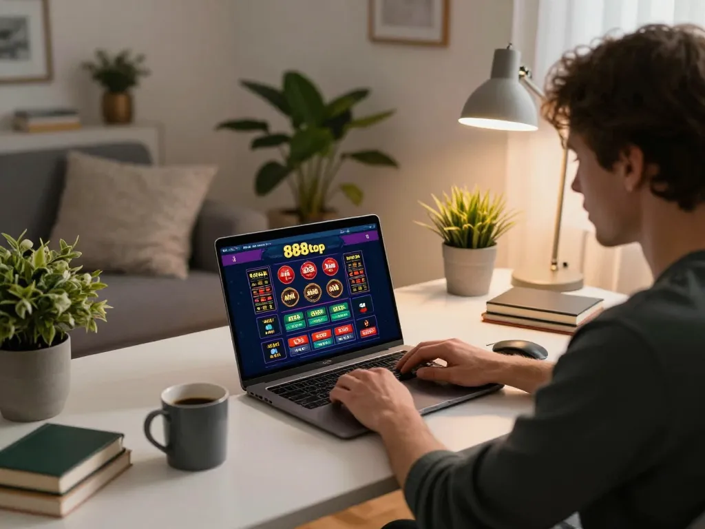 Engaged player strategizing on 888top online casino platform in a cozy home office setting.