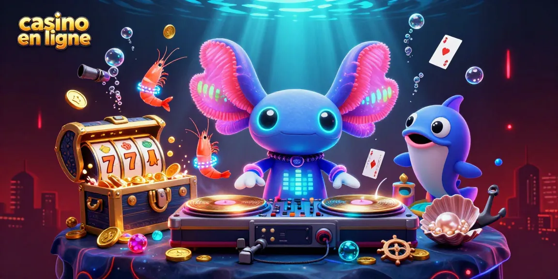 Jouez dans un casino en ligne vibrant avec des machines à sous animées et un DJ axolotl.