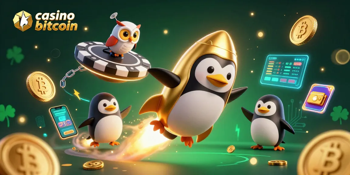 Cattura l'azione nei casino bitcoin mentre un pinguino dorato sfreccia nello spazio tra monete e elementi blockchain.