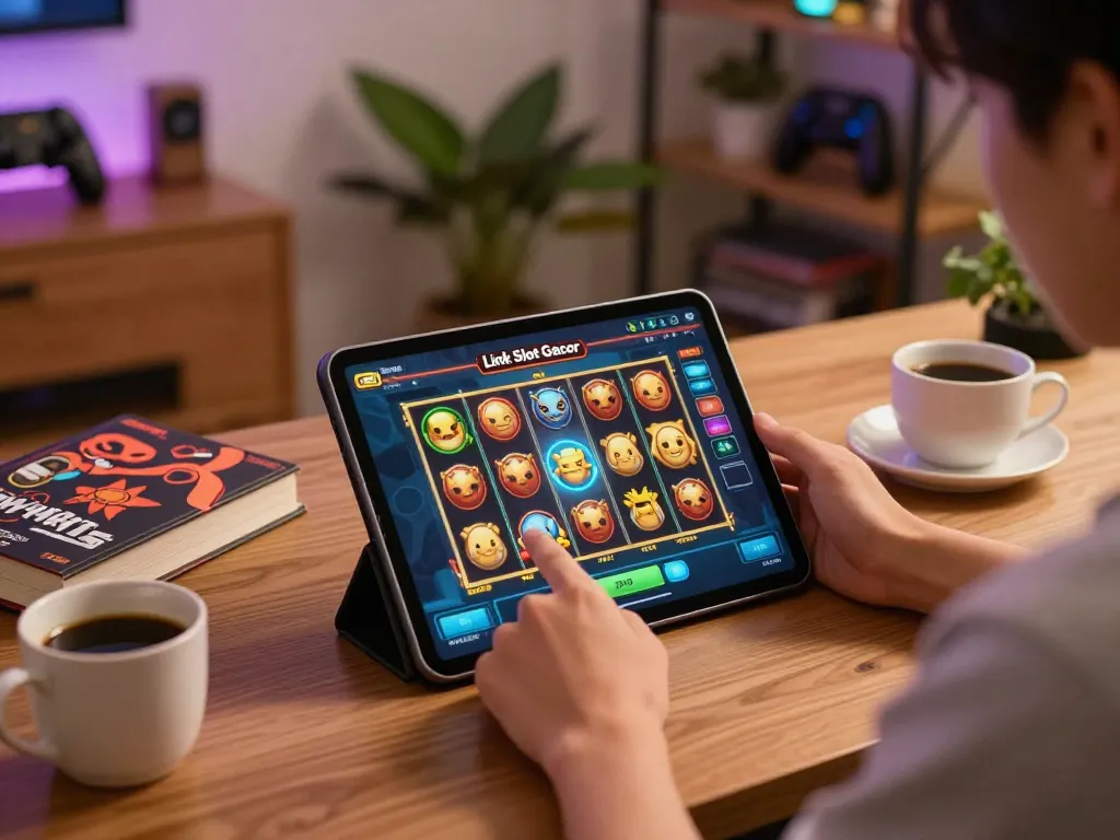 Engaging gameplay session featuring Link Slot Gacor displayed on tablet, showcasing player excitement and focus