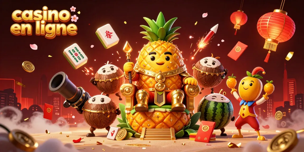 Illustration vibrante du casino en ligne avec un roi ananas, des gardes et un bouffon jongleur.