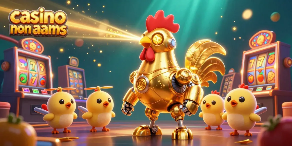 Scopri i vantaggi dei casino non AAMS con un design dinamico e colorato, incluso un robot gallo e simboli delle slot.