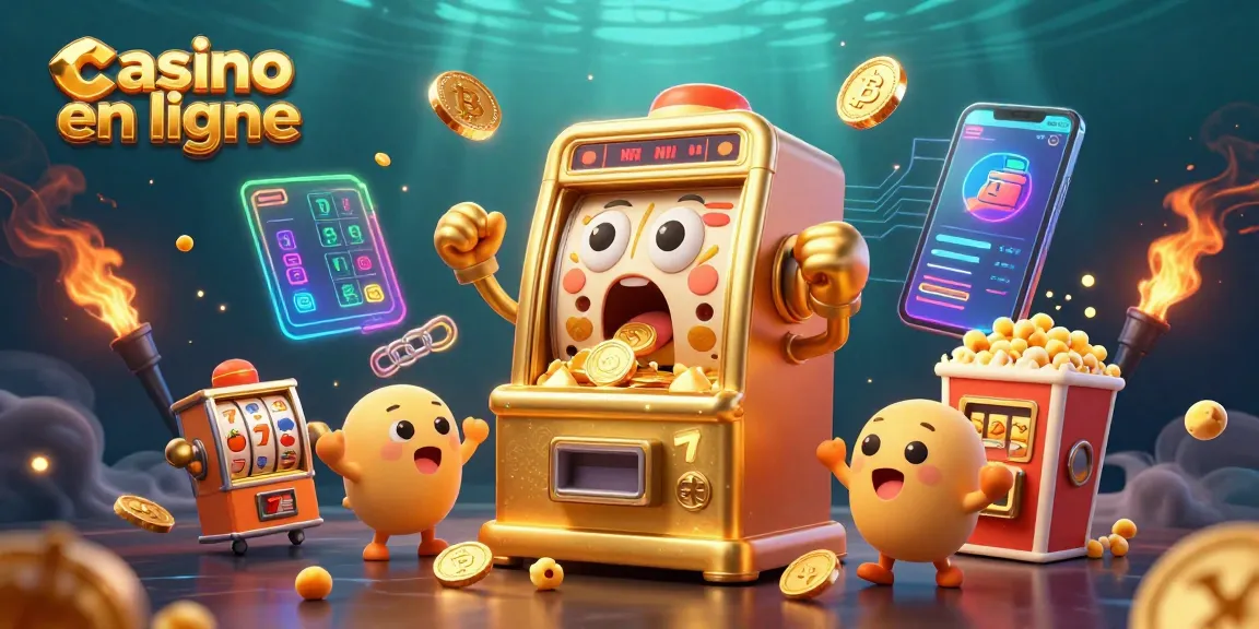 Illustration colorée de casino en ligne avec une machine à sous dorée en train de gagner des pièces, environnée de symboles et de pièces numériques.