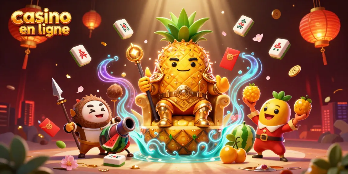 Illustration dynamique de casino en ligne avec le roi ananas, gardes de noix de coco et jongleur de mangue.