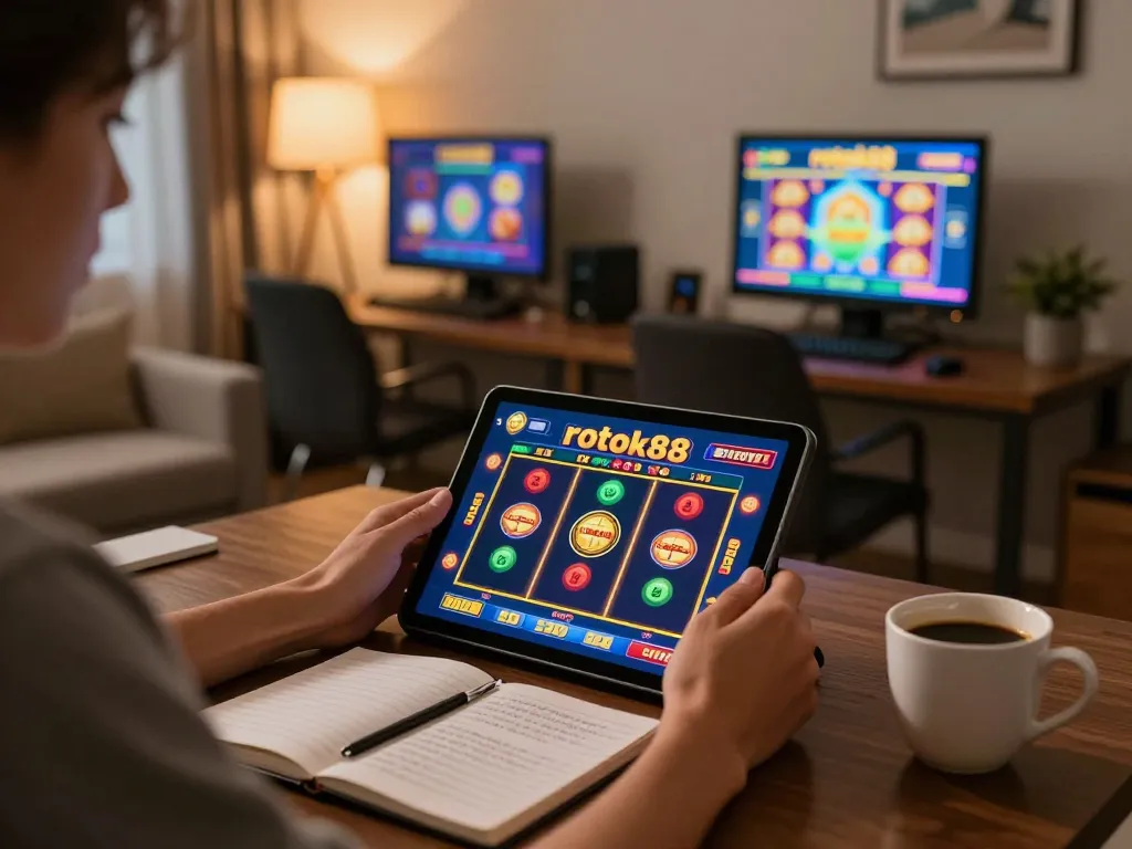 Engaging player enjoying rokok88 slot game on tablet in a cozy home environment.