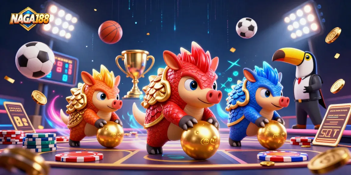 NAGA188 menampilkan pangolin bersaing menunjukkan keterampilan dalam permainan kasino dengan tumpukan chip poker dan elemen permainan lainnya.