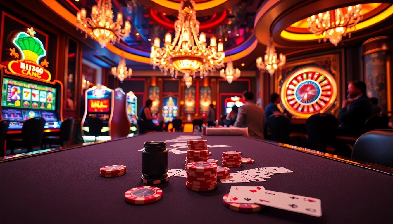 Exciting BJ38 casino gaming scene with vibrant tables, poker chips, and slot machines.
