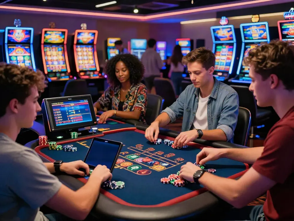 Players enjoying interactive gaming experience at credit card casinos with vibrant atmosphere and modern design.