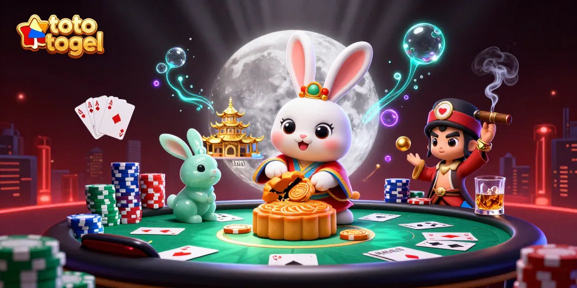 Engage in toto togel with a 3D moon rabbit theme showcasing dynamic poker elements.