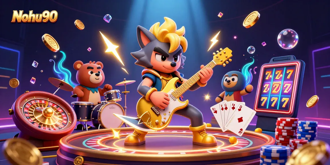 Nohu90 features a dynamic scene with a rock star wolf playing guitar amidst gold coins and vibrant casino elements.