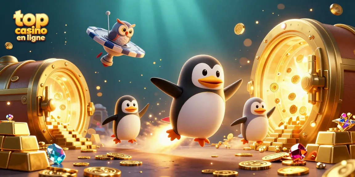 Explorez le top casino en ligne avec un pingouin doré et des trésors scintillants
