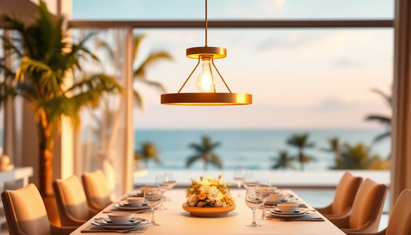 Modern island light illuminates an elegant dining table with a coastal backdrop.