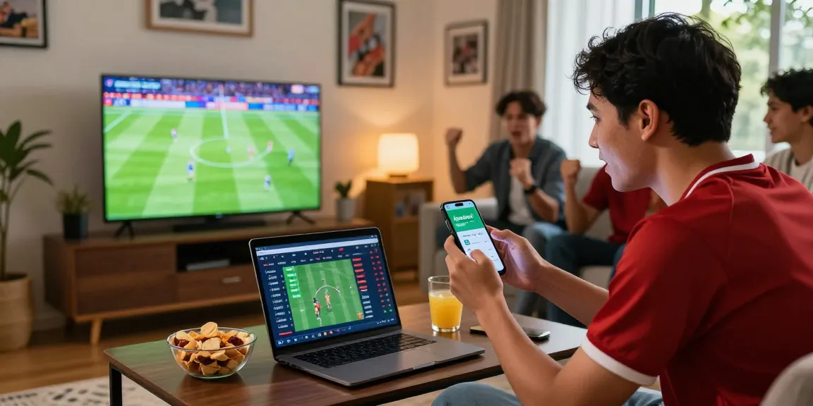 Agen Parlay Idngoal app being used by a sports enthusiast in an inviting living room.