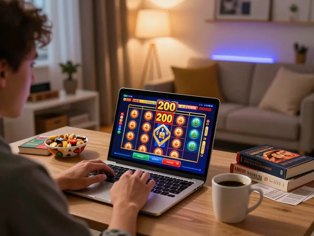 Engaged player strategizing their slot bet 200 in a cozy online gaming space