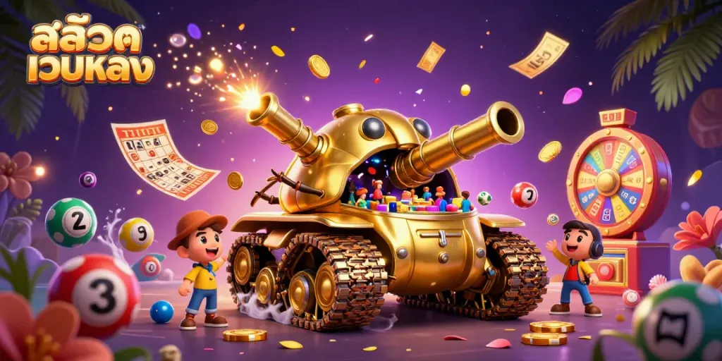 Players engage with สล็อตเว็บตรง, featuring a whimsical casino scene with golden elements and vibrant gaming symbols.
